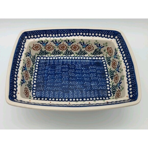 Boleslawiec Polish Pottery Blue White Floral Rectangular Dish 10 x 7.5 inches - Picture 2 of 7